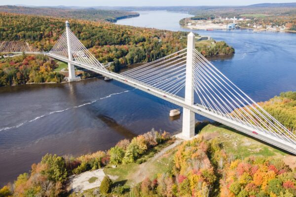 Aerial View of the Penobscot Narrows Bridge in Maine in the Fall